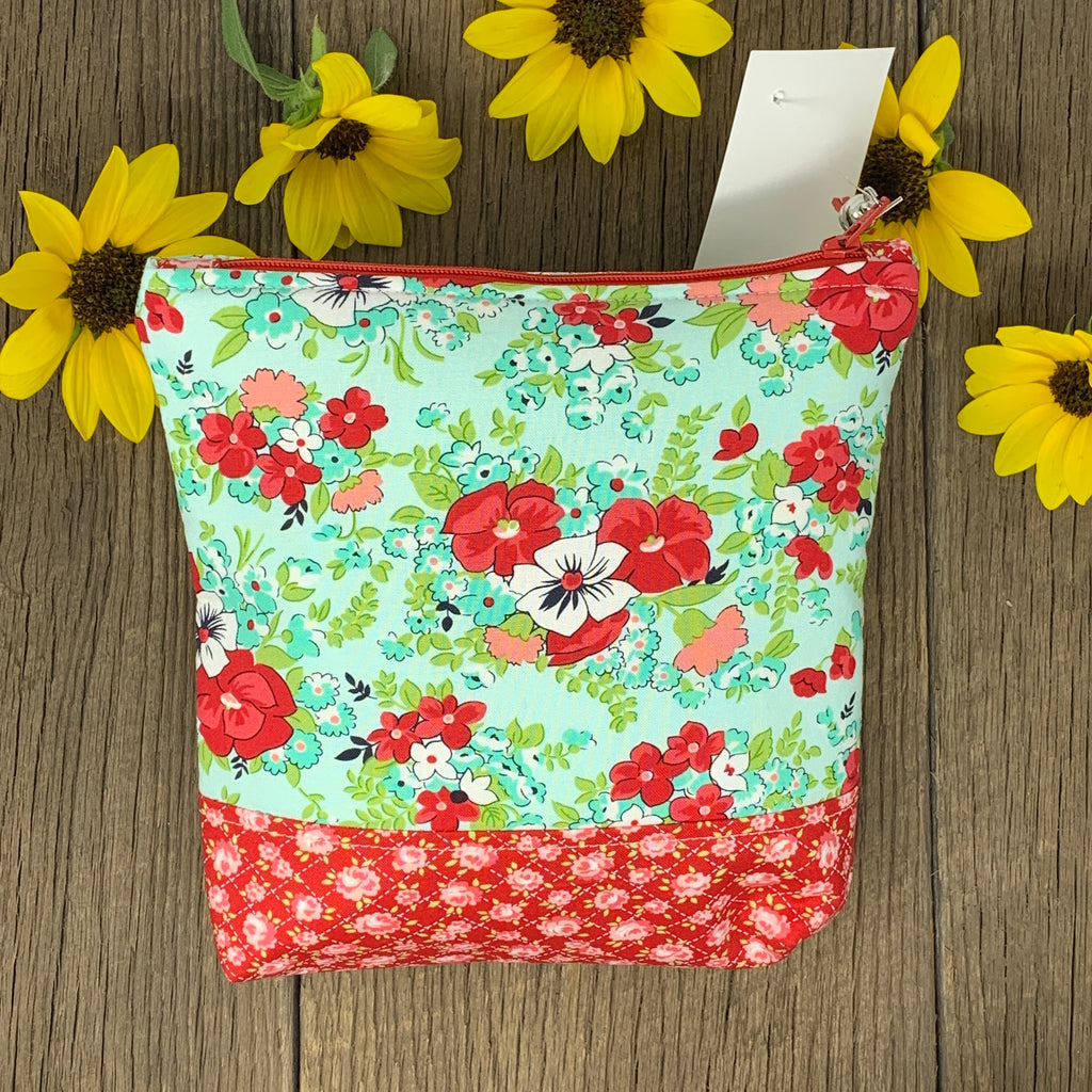 Zipper Bag - Red Aqua Floral, Medium