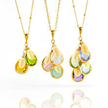 Load image into Gallery viewer, Three Family Tree Necklaces in 18k Vermeil Gold with Two, Three, and Four Cascading Teardrop Shape Prong Gemstones with Personalized Oval Tag Charms